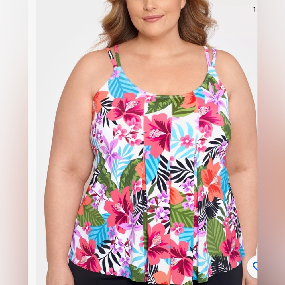Swim Solutions Plus Size Pleated-Front Double-Strap Tankini Top floral Size 24W